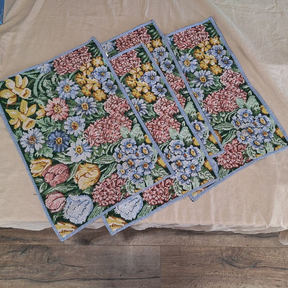 Vintage set of four flower Tapestry fabric Placemats garden cottage country